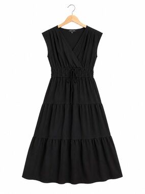 Rachel Zoe Black Tiered Midi Dress with Smocked Waist small